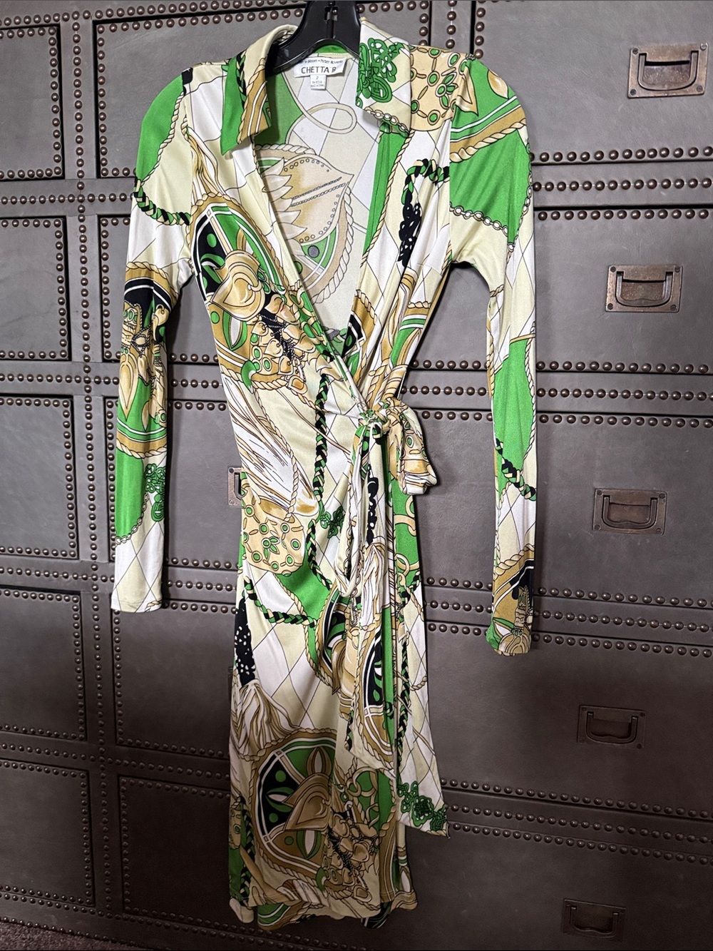Vintage Sherrie Bloom CHETTA B Green, Gold & Cream Long Sleeve Silk Wrap Dress